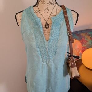 ZARA Woman 100% Linen Beaded Tunic Top Light Blue Sleeveless Large